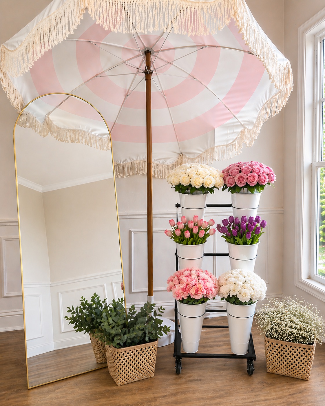 Elegant mobile flower bar with blush and rose blooms